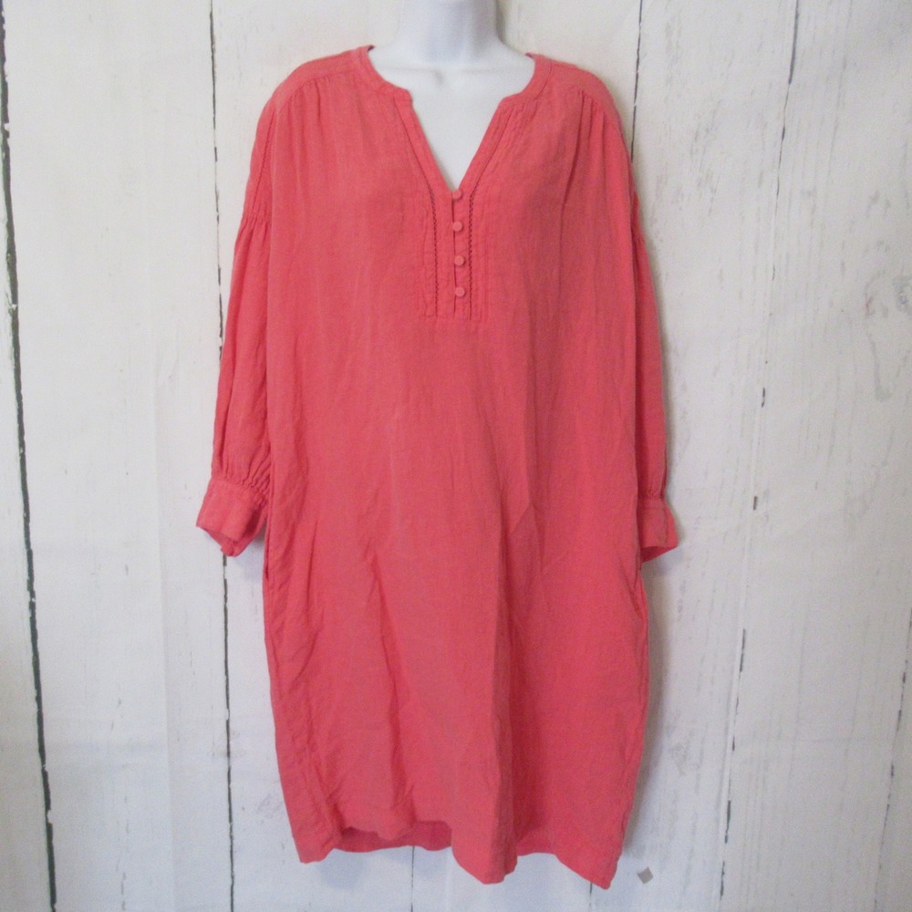 J Mclaughlin Dress‎ XL Coral Linen Shirt Popover Nylee Midi Pockets Beach